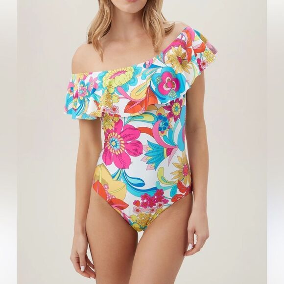 Trina Turk NWT Fontaine Off The Shoulder Ruffle Floral One Piece Swimsuit - Picture 1 of 7